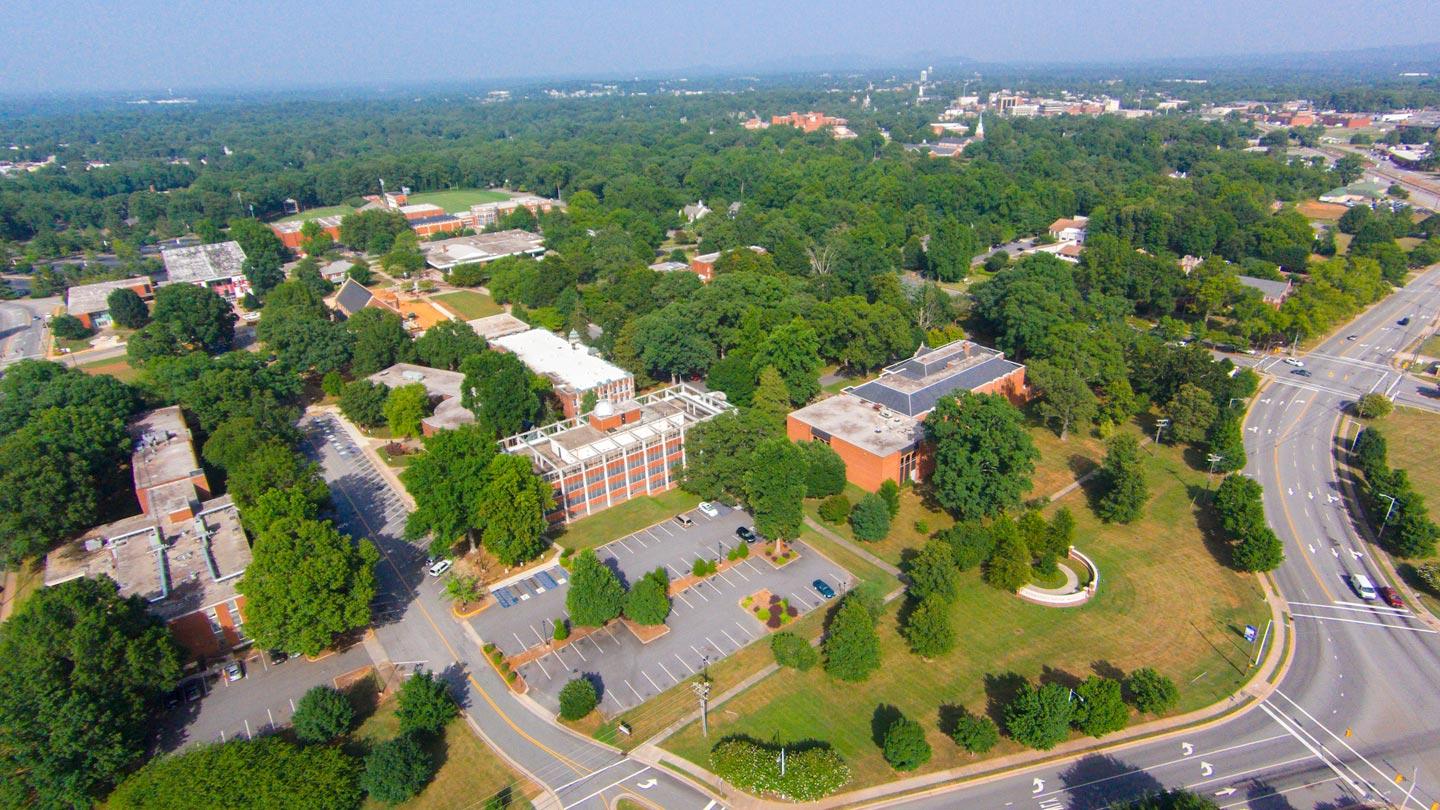 Aerial view of Hickory campus during afternoon